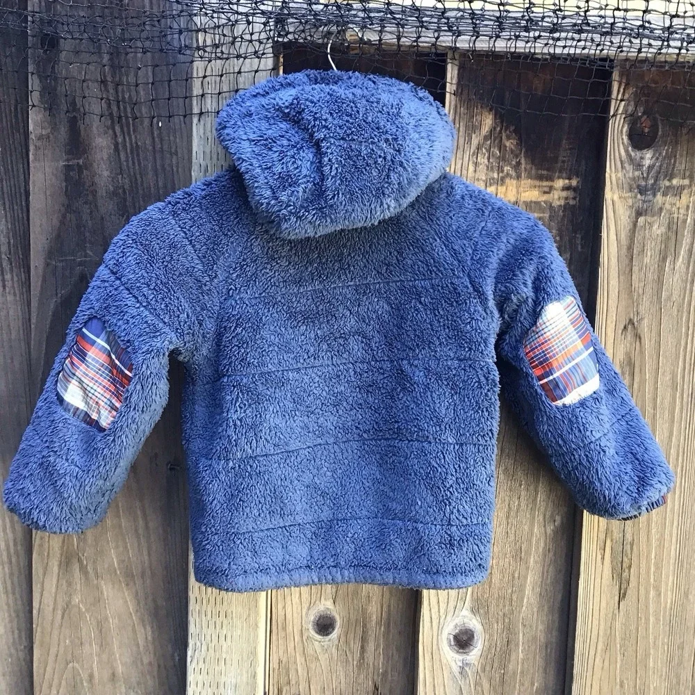 Patagonia Reversible Fleece Hooded Jacket Kids Plaid Blue Youth Toddler